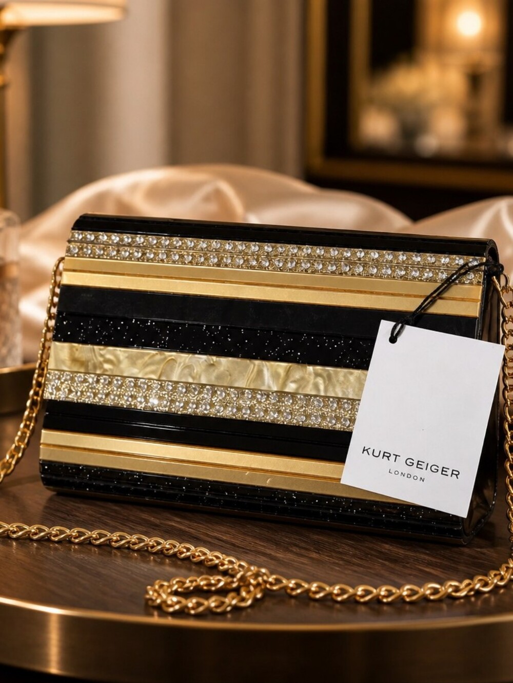 Kurt Geiger Black & Gold Striped Evening Bag NWT